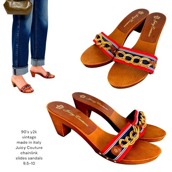 90'S Y2K VINTAGE JUICY COUTURE MADE IN ITALY CHAIN SLIP ON SANDALS HEELS 9.5-10 - Picture 1 of 5